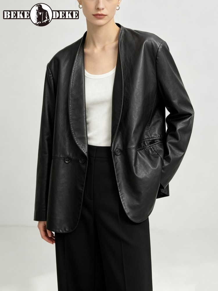 Leather Work Jacket Women'S - 패션 여성 루즈핏 부드러운 천연 양가죽
