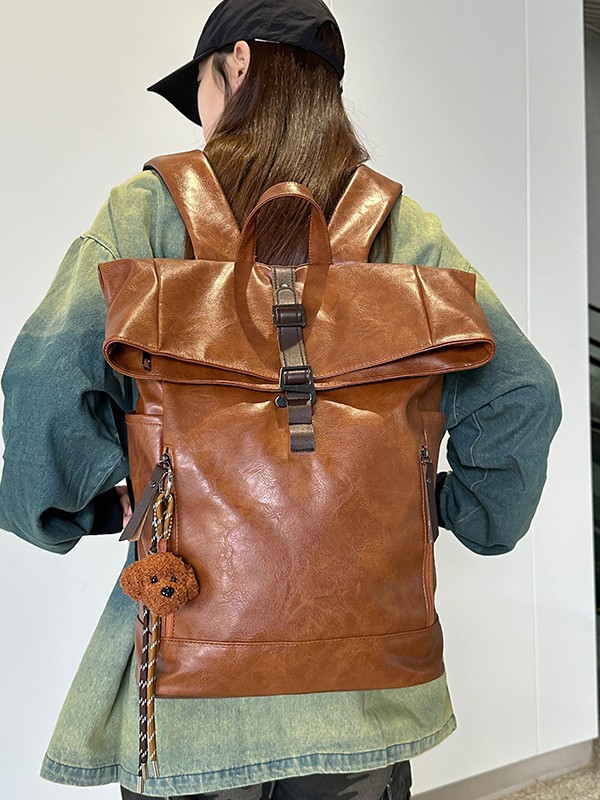 Leather Work Rucksack - 유럽풍 아메리칸 빈티지 롤탑 백팩 PU
