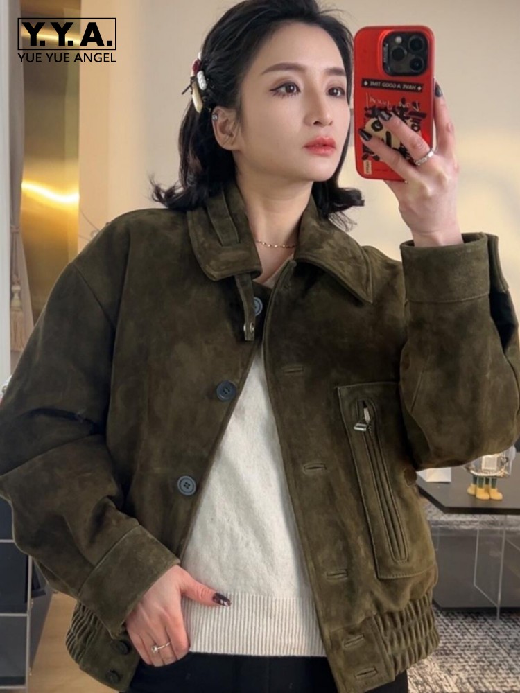 Leather Work Jacket Women'S - 럭셔리 레트로 여성 양가죽 스웨이드 재킷