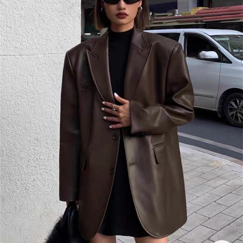 Leather Work Jacket Women'S - 가을 겨울 여성용 PU 가죽 비즈니스