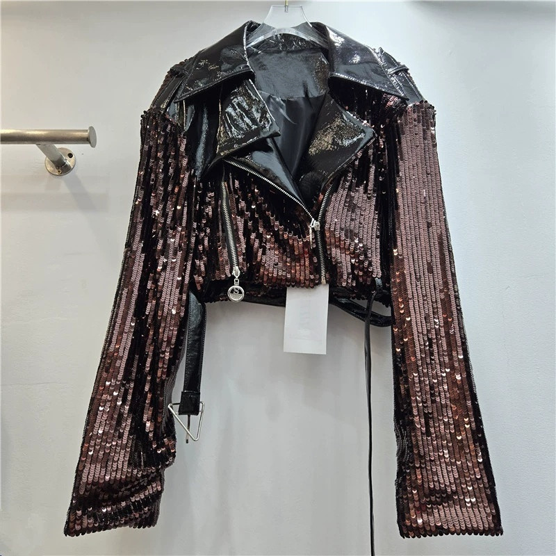 Leather Work Jacket Women'S - 화려한 스팽글 장식의 벨트가 있는 여성용