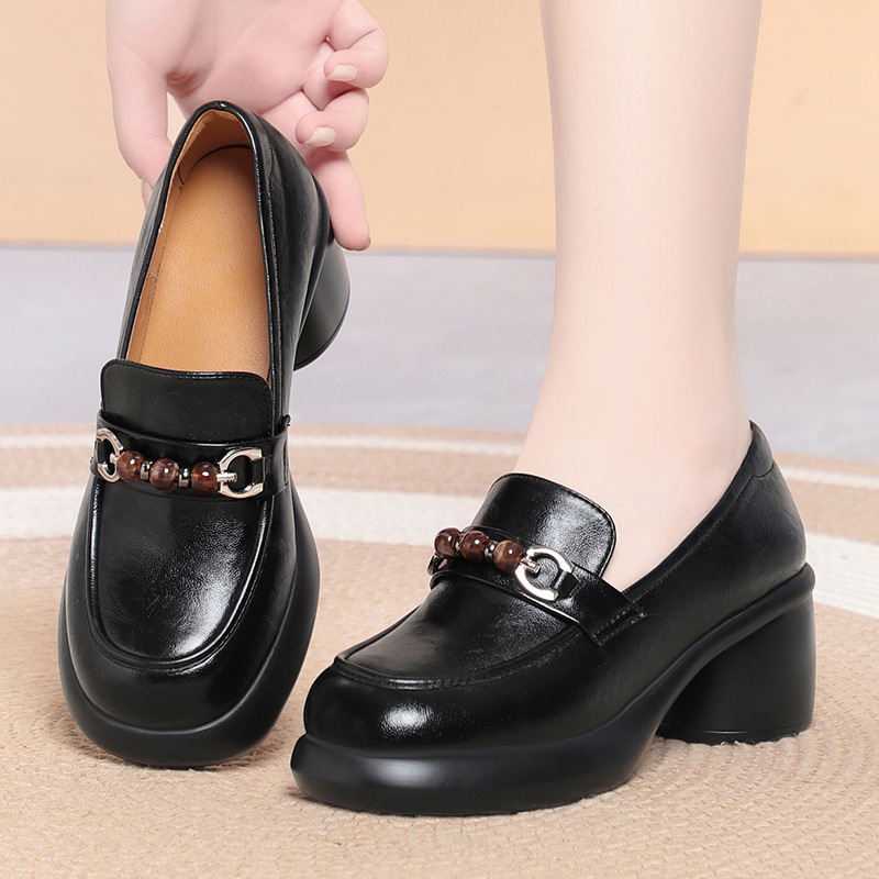 여성 청키 힐 로퍼 비즈 장식 메탈 버클 가죽 신발 편 - Leather Work Dress 리뷰 및 가격