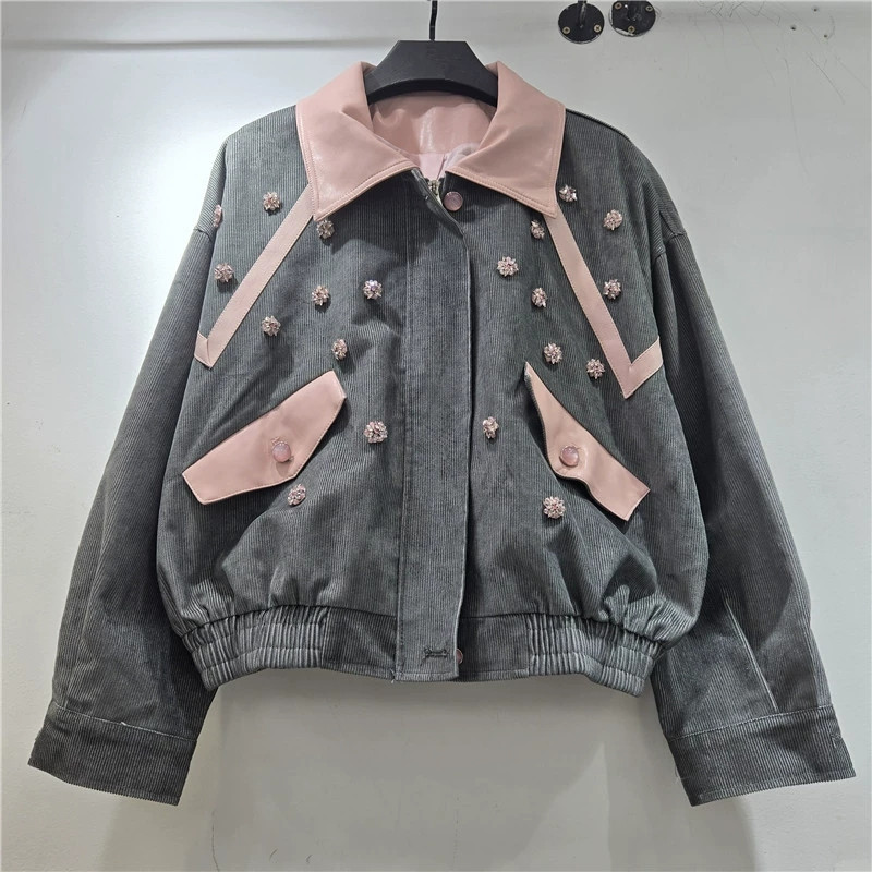 헤비 워크 비즈 꽃 장식 코듀로이 재킷 그레이 그린 커 - Leather Work Jacket Women'S 리뷰 및 가격
