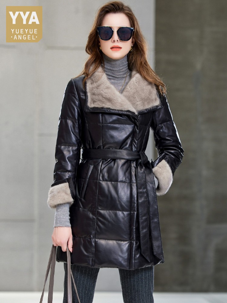 우아한 여성용 밍크 퍼 칼라 중간 길이 두꺼운 따뜻한  - Leather Work Jacket Women'S 리뷰 및 가격