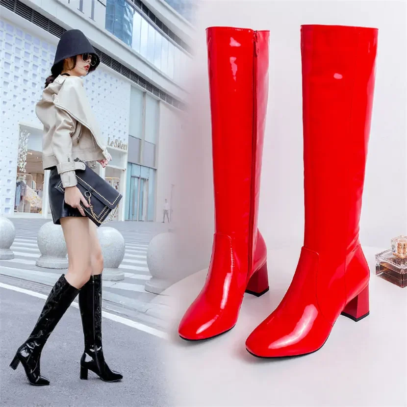 여성용 레드 화이트 에나멜 가죽 무릎 높이 부츠, 블록 - Leather Work Dress 리뷰 및 가격
