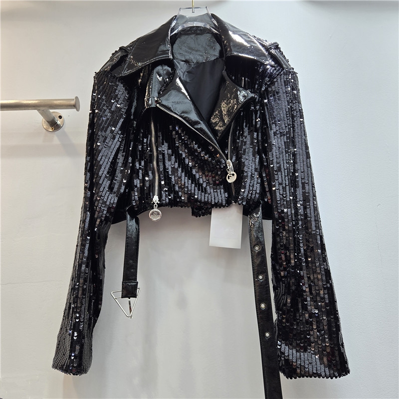 화려한 스팽글 장식의 벨트가 있는 여성용 숏 재킷, 슬 - Leather Work Jacket Women'S 리뷰 및 가격