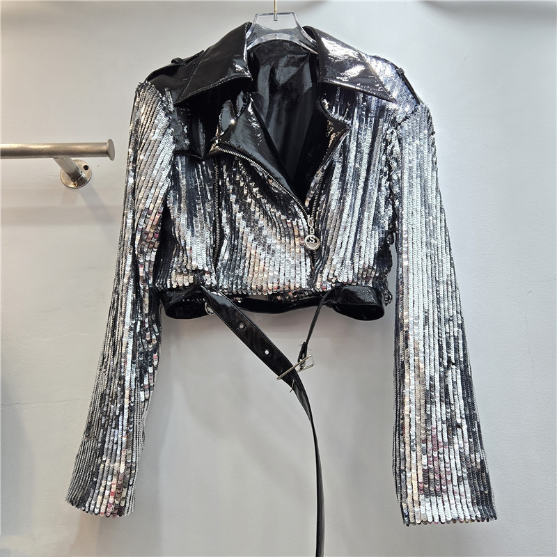 화려한 스팽글 장식의 벨트가 있는 여성용 숏 재킷, 슬 - Leather Work Jacket Women'S 리뷰 및 가격