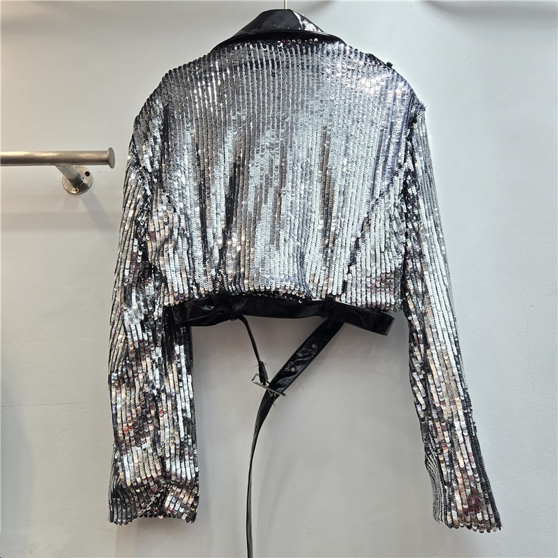 화려한 스팽글 장식의 벨트가 있는 여성용 숏 재킷, 슬 - Leather Work Jacket Women'S 리뷰 및 가격